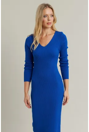 Kadın Saks V Yaka Triko Midi Elbise MYİL560