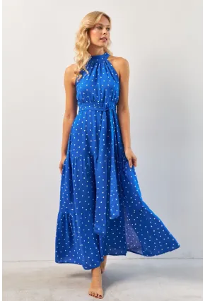 Kadın Saks Yırtmaçlı Puantiyeli Midi Elbise KED4233