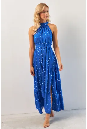 Kadın Saks Yırtmaçlı Puantiyeli Midi Elbise KED4233