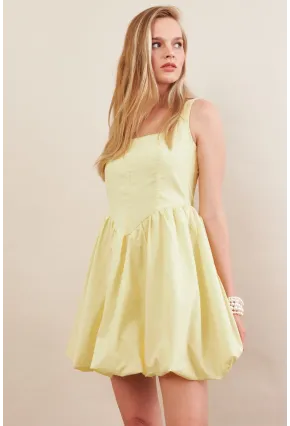 Kadın Sarı Askılı Mini Balon Elbise ERL105