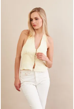 Kadın Sarı Boyun Bağlamalı Keten Yelek FS129