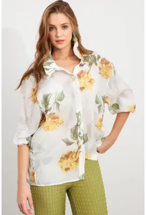 Kadın Sarı Çiçek Desenli İnce Keten Gömlek MCAR1068