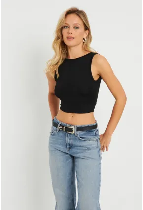 Kadın Sırt Bağlamalı Crop Bluz Siyah EY2733