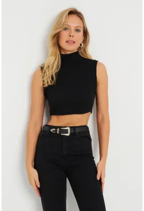 Kadın Sırt Fermuarlı Crop Bluz Siyah EY2730