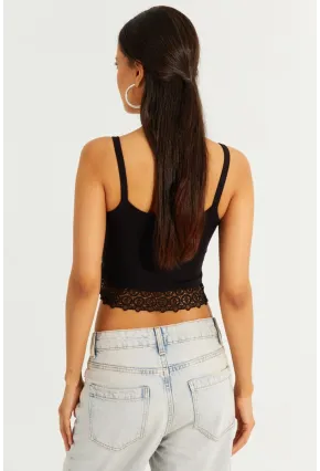 Kadın Siyah Agraflı Dantel Detaylı Crop Bluz RSS20