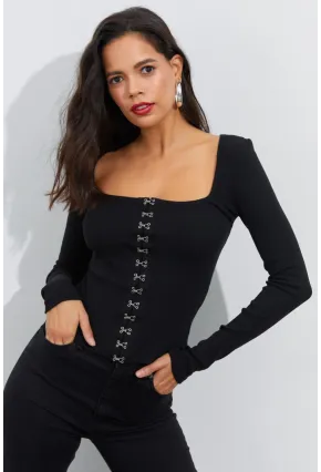 Kadın Siyah Agraflı Kaşkorse Bluz B1908