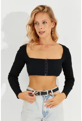 Kadın Siyah Agraflı Kaşkorse Crop Bluz EY2571