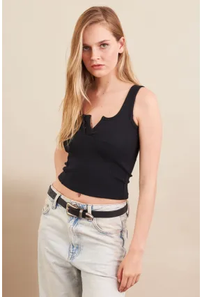 Kadın Siyah Agraflı Kısa Bluz ZH167