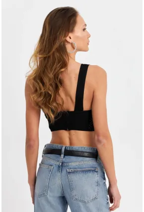 Kadın Siyah Ajurlu Crop Bluz SB030