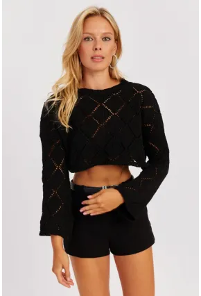 Kadın Siyah Ajurlu Kısa Triko Bluz YZ628