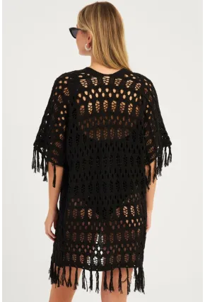 Kadın Siyah Ajurlu Püsküllü Hırka YV224