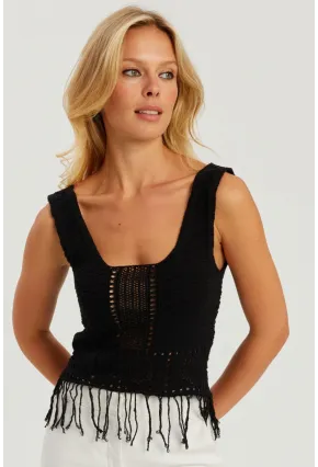 Kadın Siyah Ajurlu Püsküllü Triko Bluz YV228