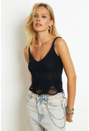 Kadın Siyah Ajurlu Triko Bluz KAZ08