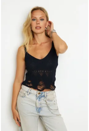 Kadın Siyah Ajurlu Triko Bluz KAZ08