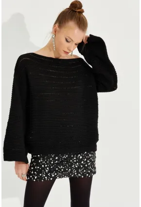 Kadın Siyah Ajurlu Triko Bluz YV213