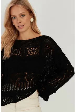 Kadın Siyah Ajurlu Triko Bluz YZ620