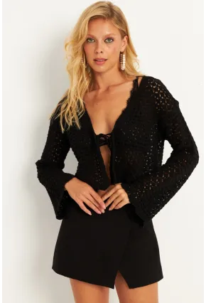 Kadın Siyah Ajurlu Triko Hırka YV248