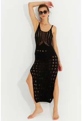 Kadın Siyah Ajurlu Triko Maxi Elbise SF2504