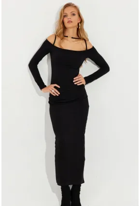 Kadın Siyah Aksesuar Detaylı Midi Elbise MEN2016