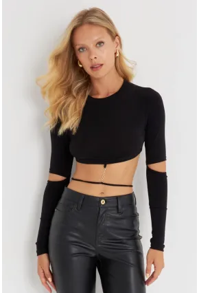 Kadın Siyah Aksesuarlı Crop Bluz B2947