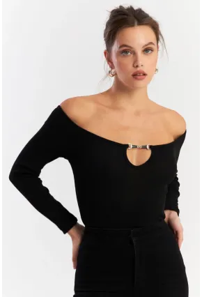 Kadın Siyah Aksesuarlı Kaşkorse Bluz EY2918
