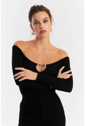 Kadın Siyah Aksesuarlı Kaşkorse Bluz EY2918