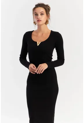 Kadın Siyah Aksesuarlı Kaşkorse Midi Elbise RLO75