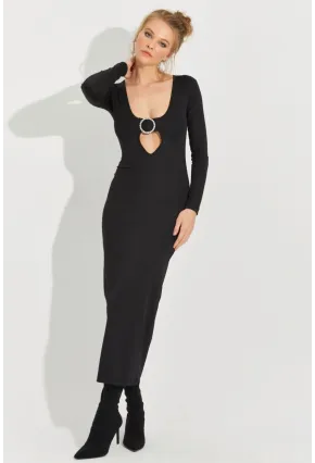 Kadın Siyah Aksesuarlı Midi Elbise EY2591