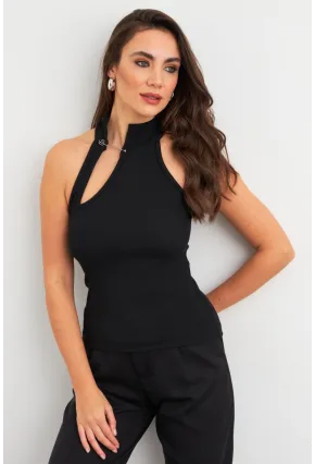 Kadın Siyah Aksesuarlı Pencereli Kolsuz Bluz EY3028