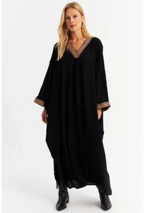 Kadın Siyah Aksesuarlı Şeritli Maxi Elbise ALO12