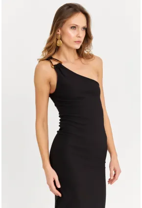 Kadın Siyah Aksesuarlı Tek Omuz Midi Elbise MOD1866