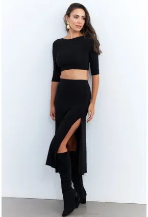 Kadın Siyah Alt Üst Crop Etek Takım ELT3844