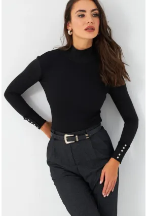 Kadın Siyah-Antrasit Kol Aksesuarlı Kaşkorse Bluz TF44