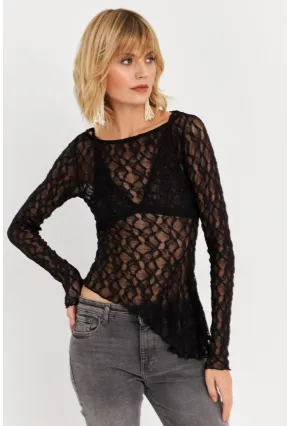 Kadın Siyah Asimetrik Dantel Bluz FS9830