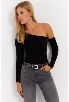 Kadın Siyah Asimetrik Kollu Kaşkorse Bluz HOR1