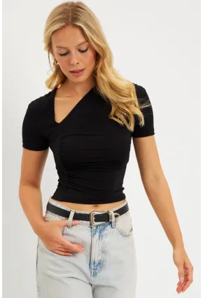 Kadın Siyah Asimetrik Yaka Büzgülü Bluz YZ1081