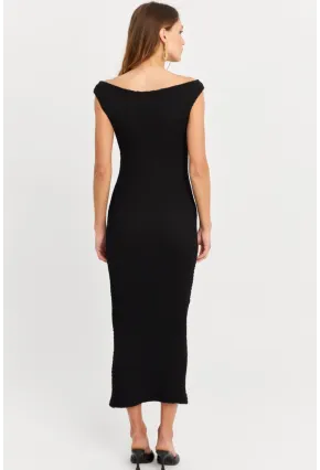 Kadın Siyah Asimetrik Yaka Gofre Midi Elbise MOD2358