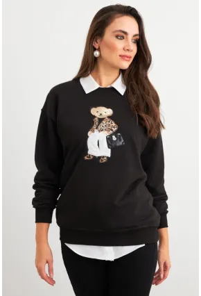 Kadın Siyah Ayıcık Nakışlı Sweatshirt PKA1590