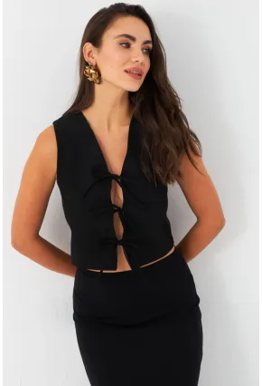 Kadın Siyah Bağlama Detaylı Astarlı Yelek ELA6645