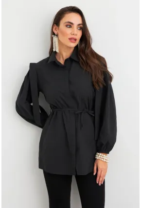 Kadın Siyah Bağlama Detaylı Basic Gömlek MASF185