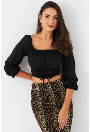 Kadın Siyah Bağlama Detaylı Crop Bluz CG387
