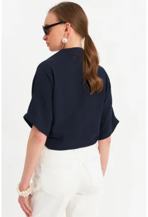 Kadın Siyah Bağlamalı Keten Bluz BTH16