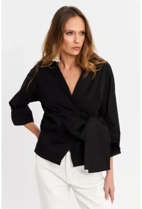 Kadın Siyah Bağlamalı Kruvaze Gömlek MFS9792