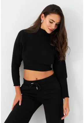 Kadın Siyah Balıkçı Crop Sweatshirt DY1469