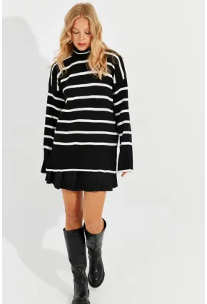 Kadın Siyah Balıkçı Yaka Çizgili Kazak Q976