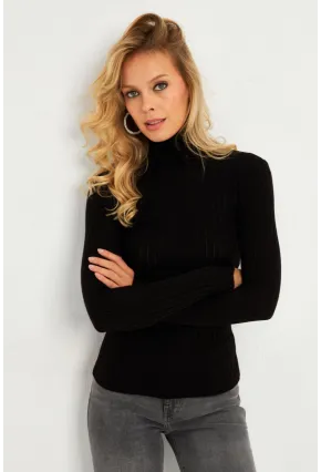 Kadın Siyah Balıkçı Yaka Eldivenli Triko Bluz HNT03