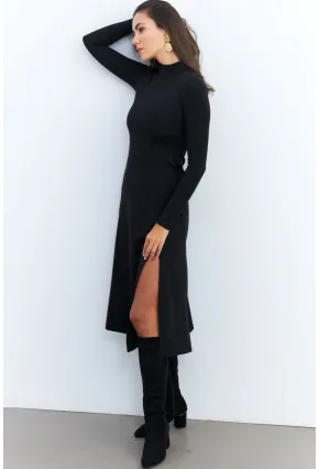 Kadın Siyah Balıkçı Yaka Midi Elbise HOR15