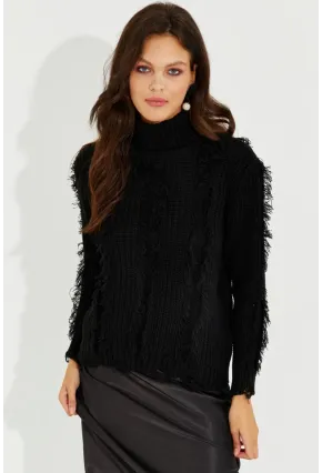 Kadın Siyah Balıkçı Yaka Püsküllü Triko Kazak KZ2471