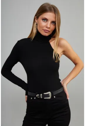 Kadın Siyah Balıkçı Yaka Tek Kol Kaşkorse Bluz EY1118