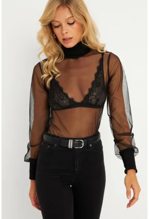 Kadın Siyah Balıkçı Yaka Tül Yılbaşı Bluz EY2901